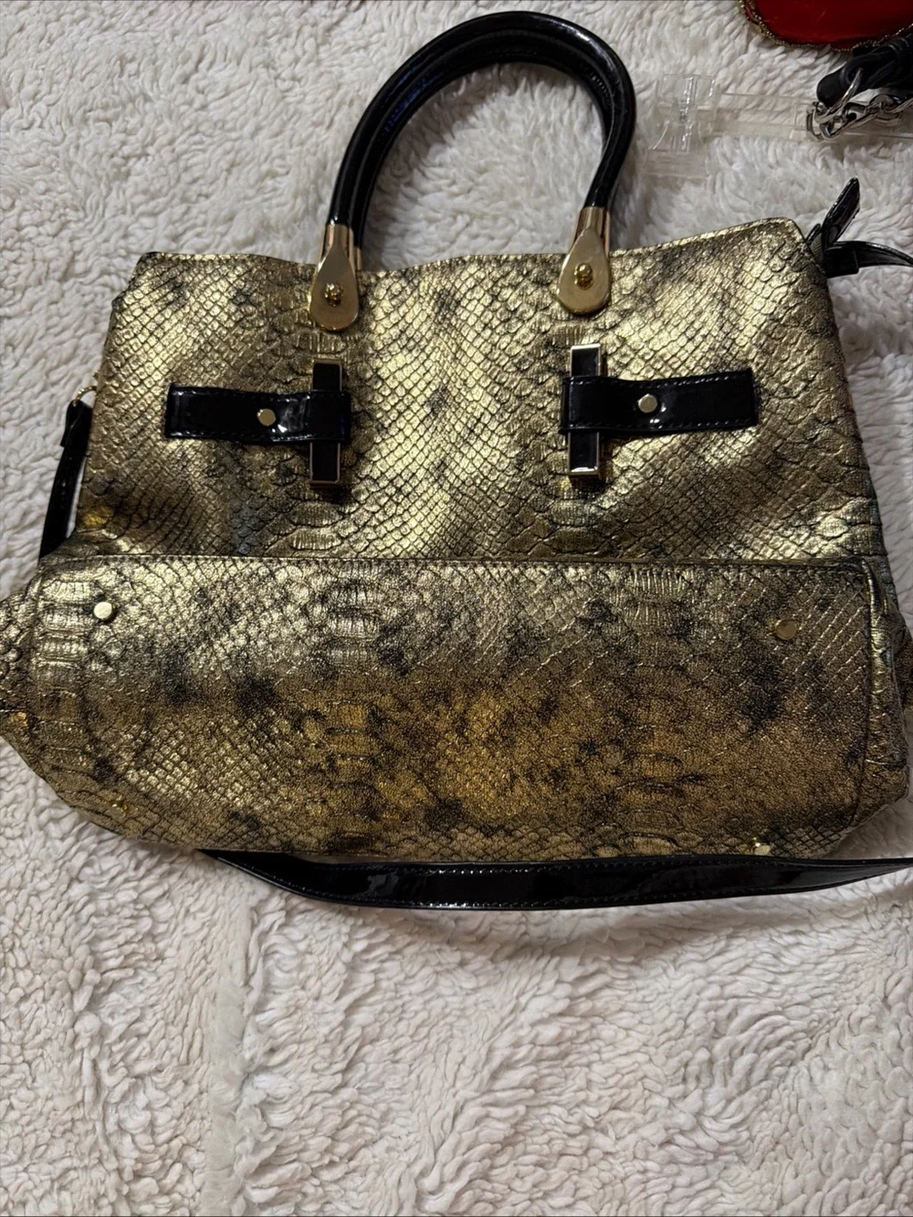 Gianni Bini Gold Snake-Texture Satchel Handbag with Black Accents